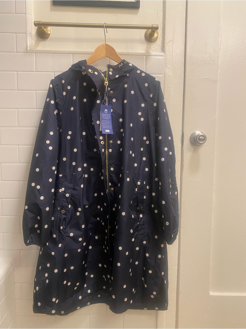 Joules Navy Polka Dot Rain Jacket with Gold Hardware